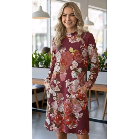 My Story Women's Floral Mock Neck Tunic Dress Sz M burgundy Pink Feminine School - Picture 1 of 16